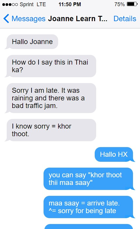sample text message - learn Thai in Singapore